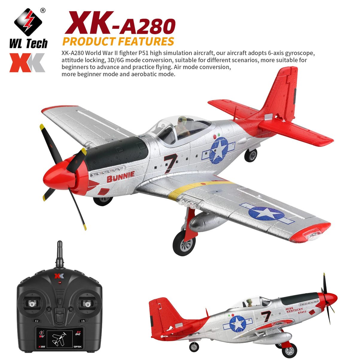 WLtoys XK A280 P-51 RC Airplane 3D/6G 2.4GHz Brushless